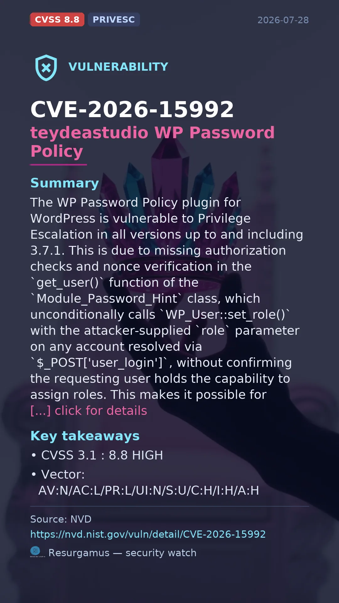 CVE-2026-15992 teydeastudio WP Password Policy Vulnerability