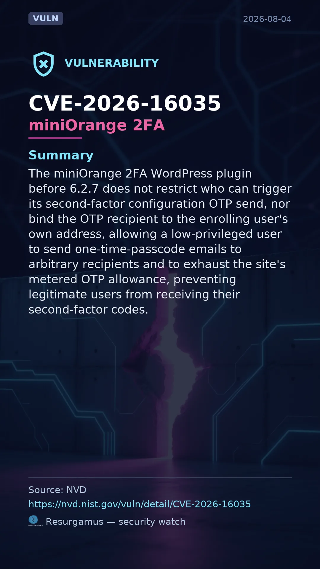 CVE-2026-16035 miniOrange 2FA Vulnerability