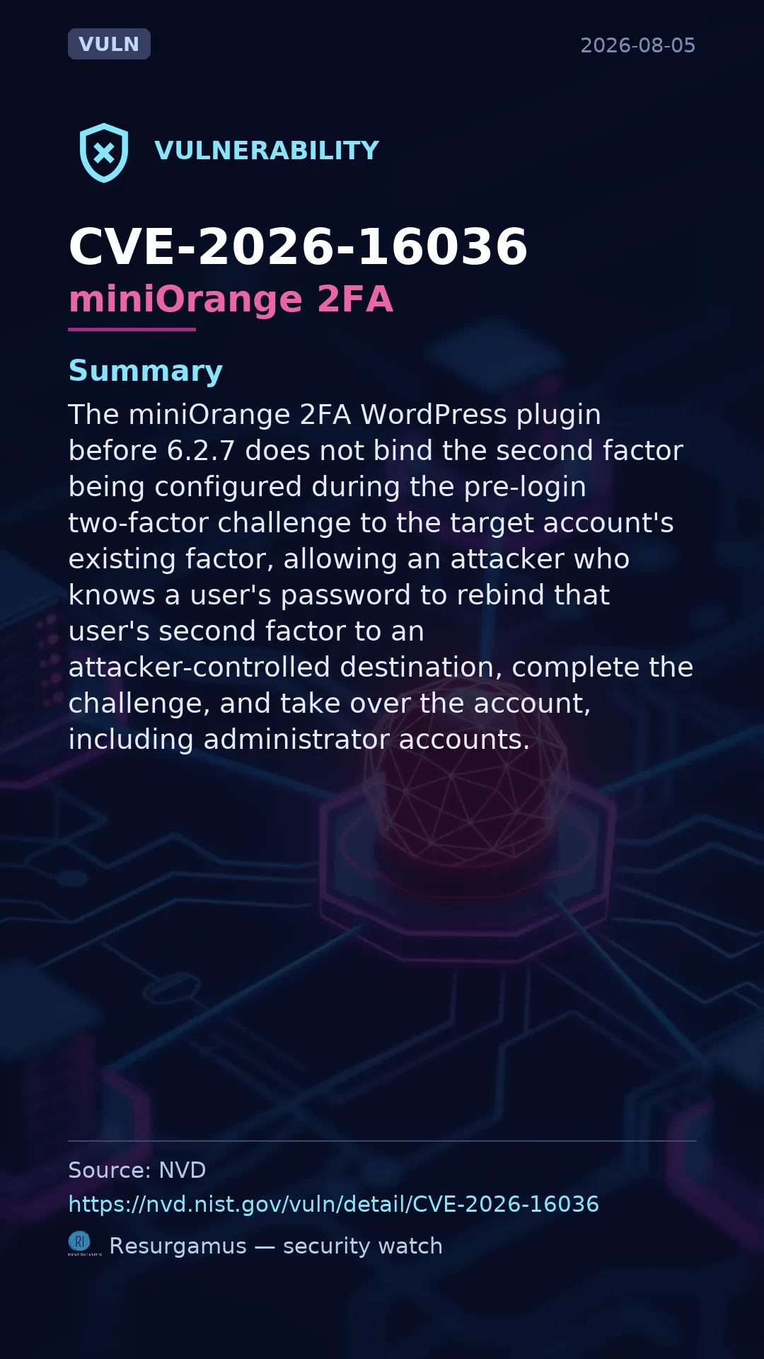 CVE-2026-16036 miniOrange 2FA Vulnerability