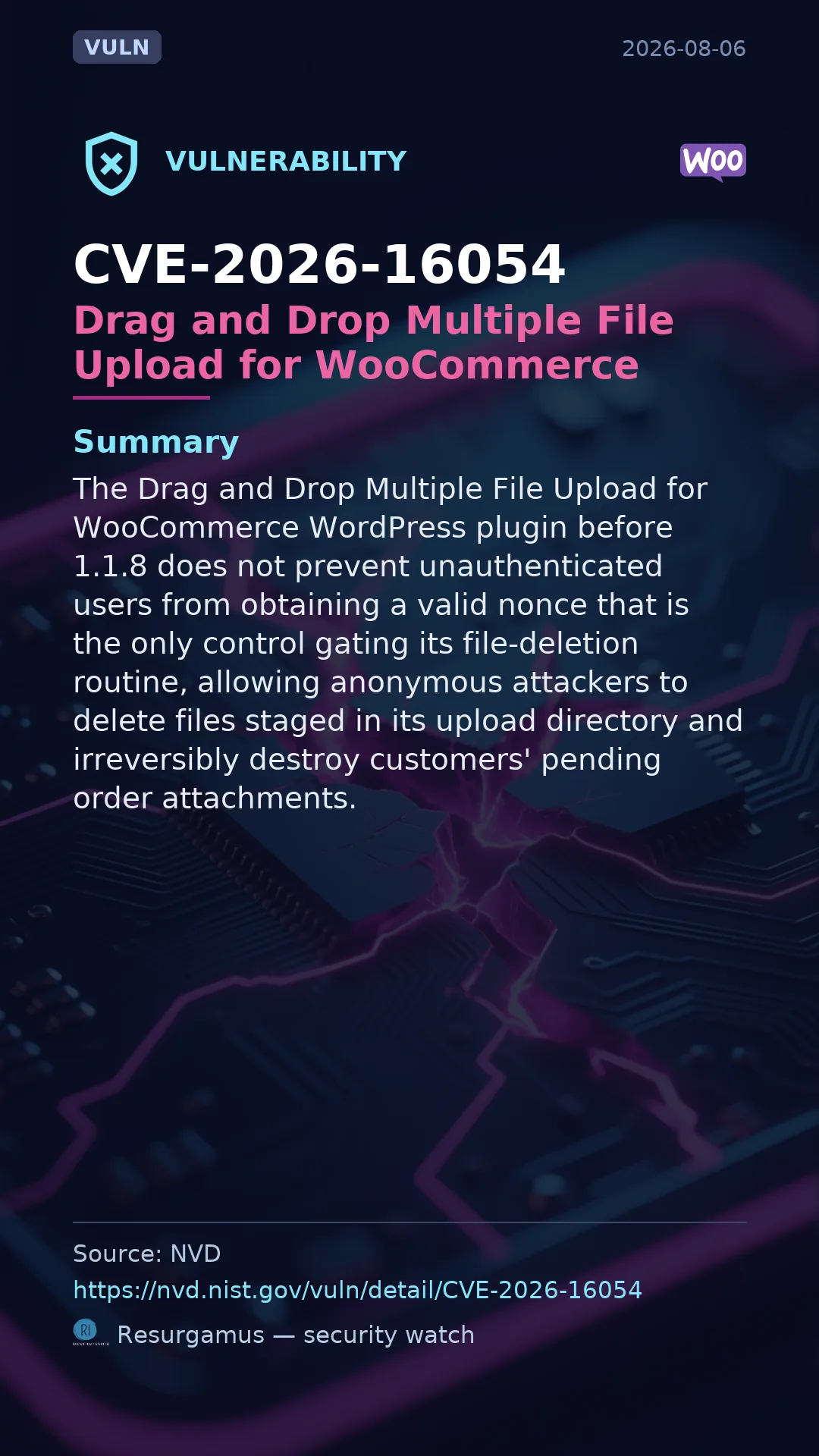 CVE-2026-16054 Drag and Drop Multiple File Upload for WooCommerce Vulnerability