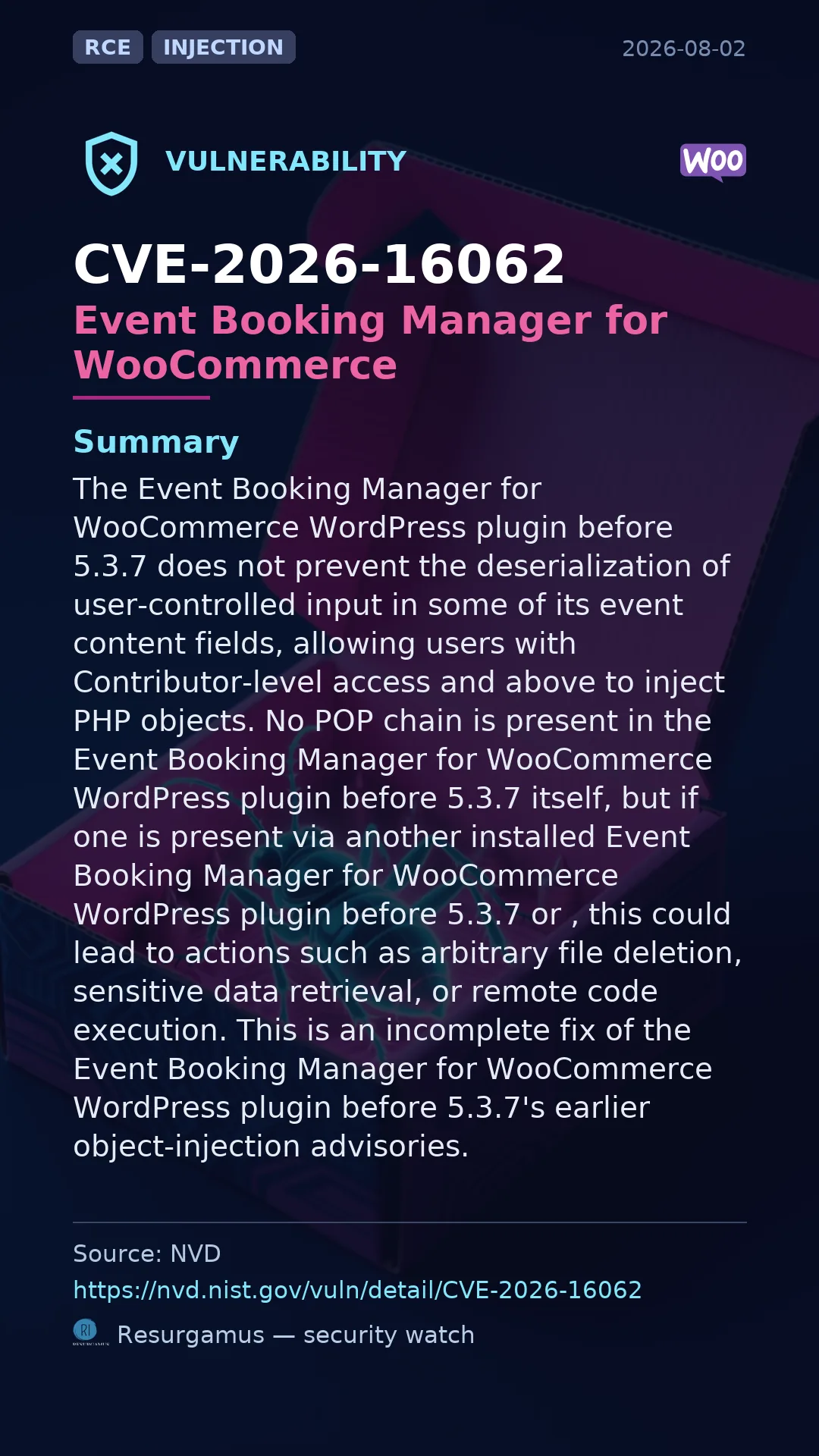 CVE-2026-16062 Event Booking Manager for WooCommerce Vulnerability