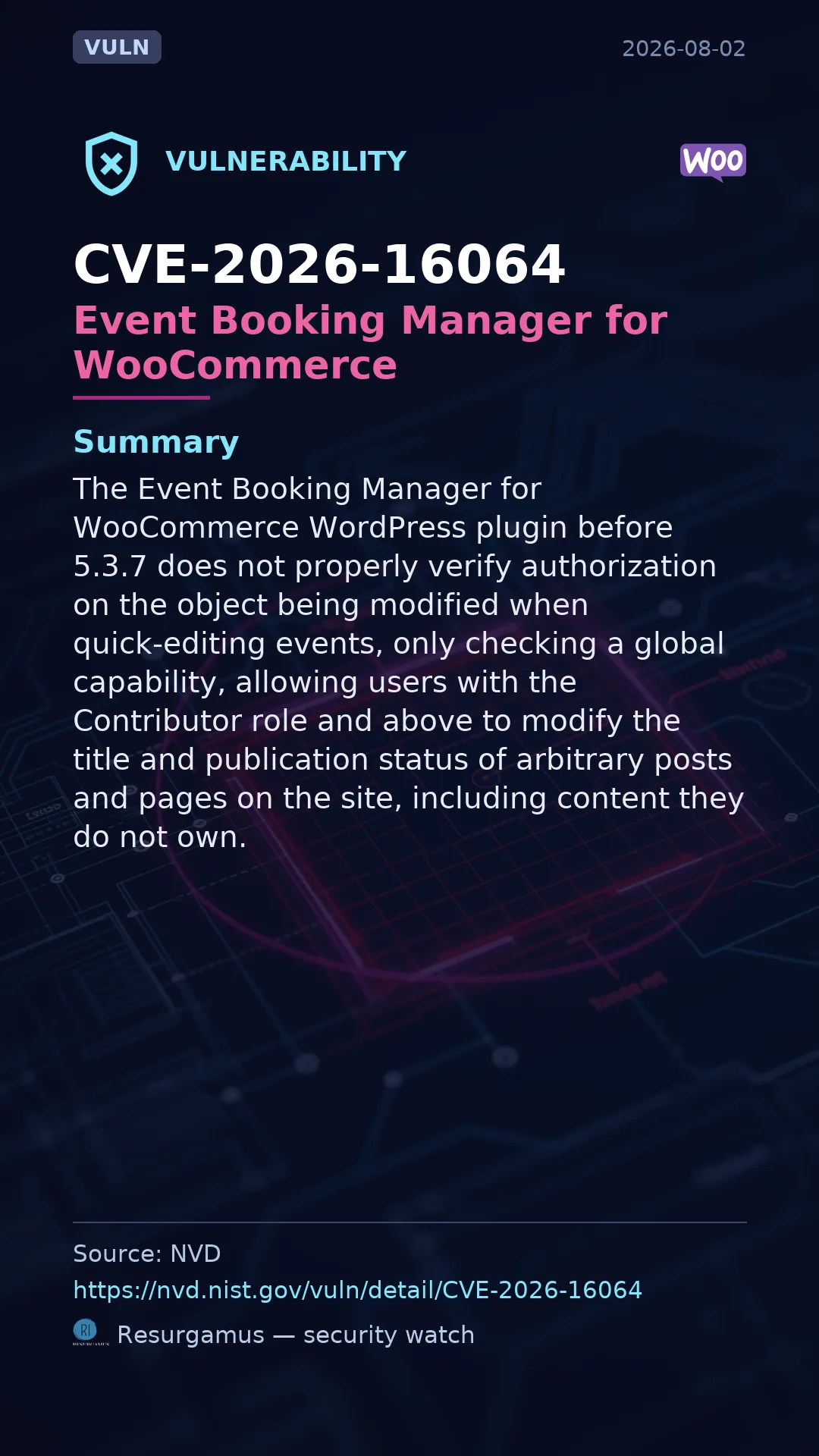 CVE-2026-16064 Event Booking Manager for WooCommerce Vulnerability