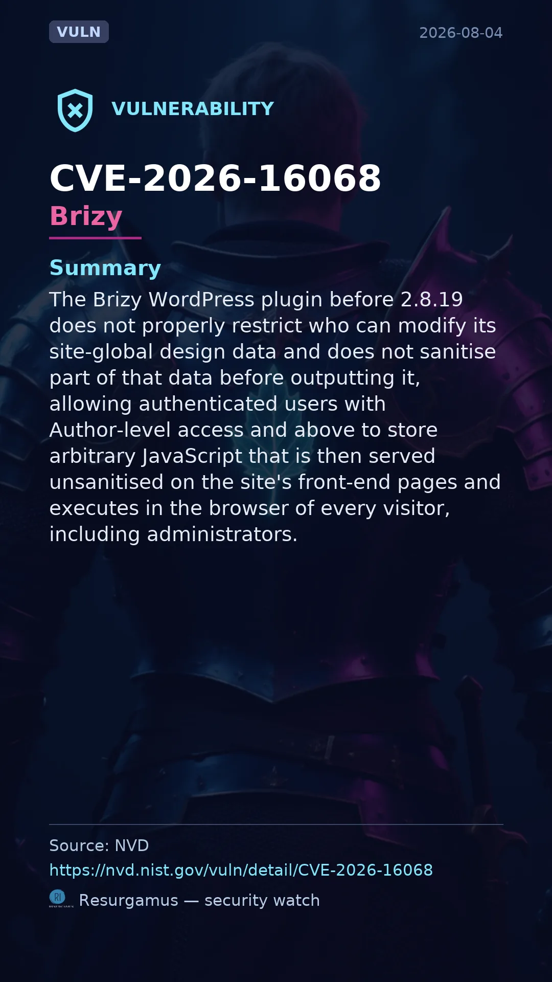 CVE-2026-16068 Brizy Vulnerability