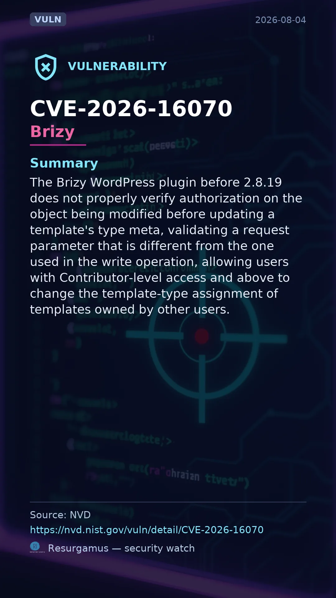 CVE-2026-16070 Brizy Vulnerability