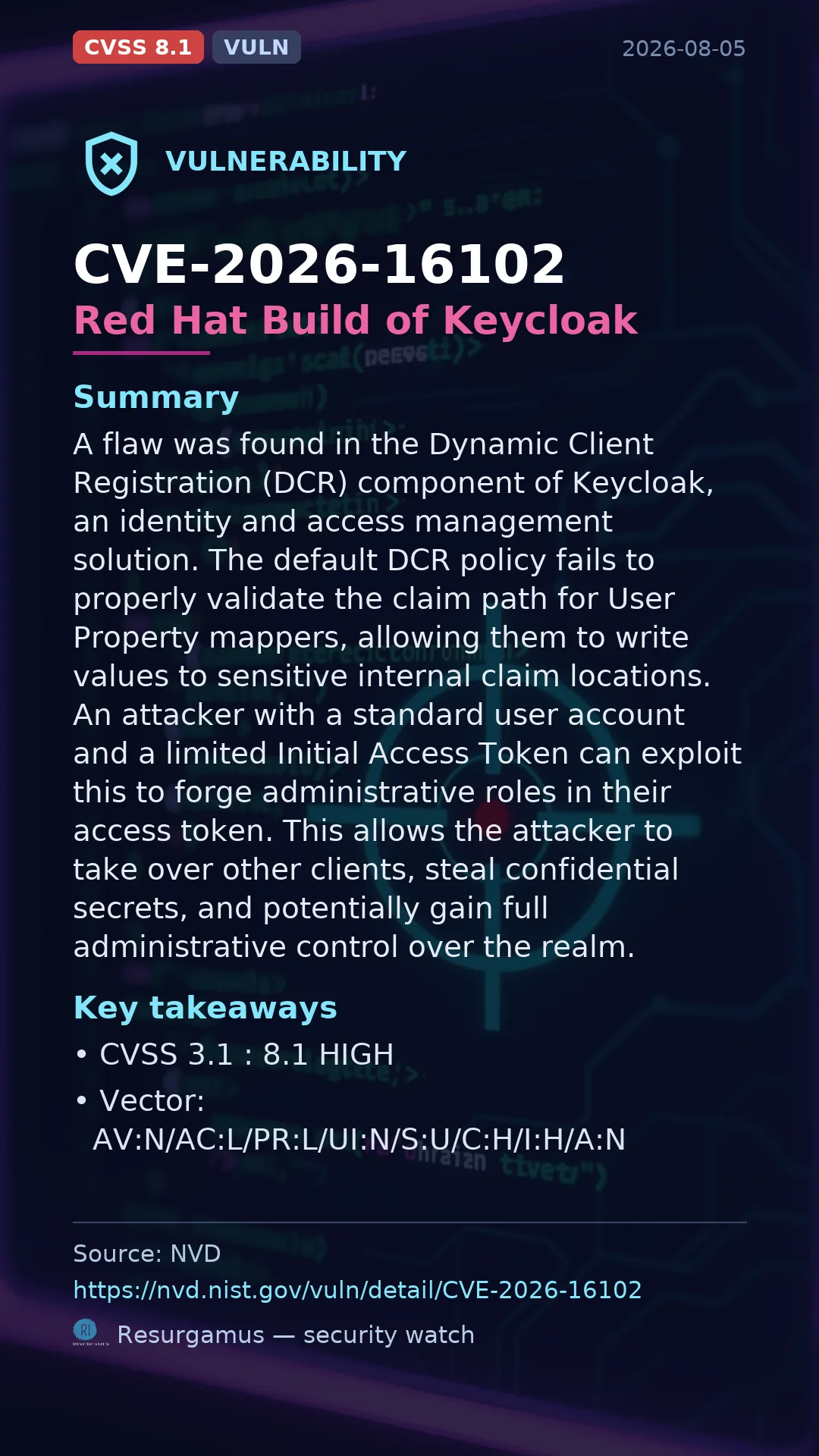 CVE-2026-16102 Red Hat Build of Keycloak Vulnerability