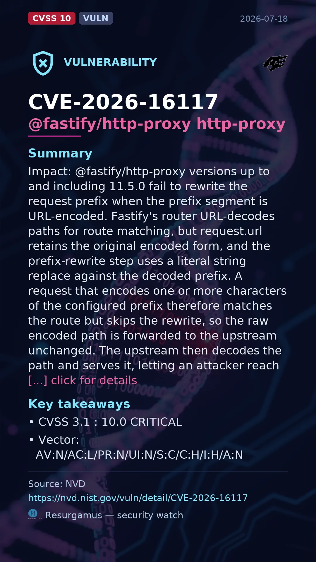 CVE-2026-16117 @fastify/http-proxy http-proxy Vulnerability