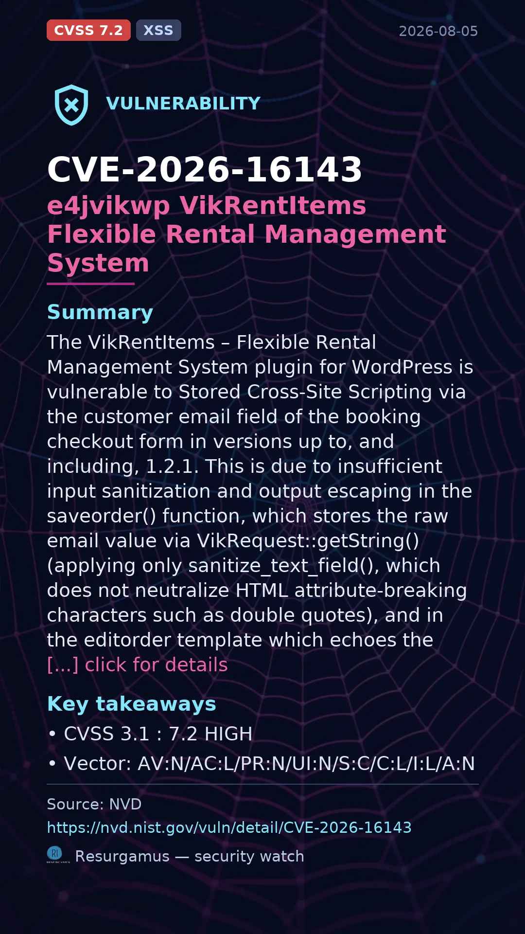 CVE-2026-16143 e4jvikwp VikRentItems Flexible Rental Management System Vulnerability