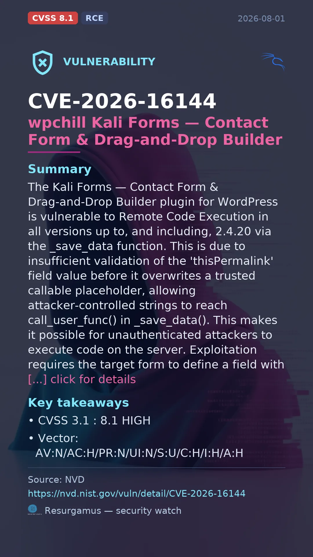 CVE-2026-16144 wpchill Kali Forms — Contact Form & Drag-and-Drop Builder Vulnerability