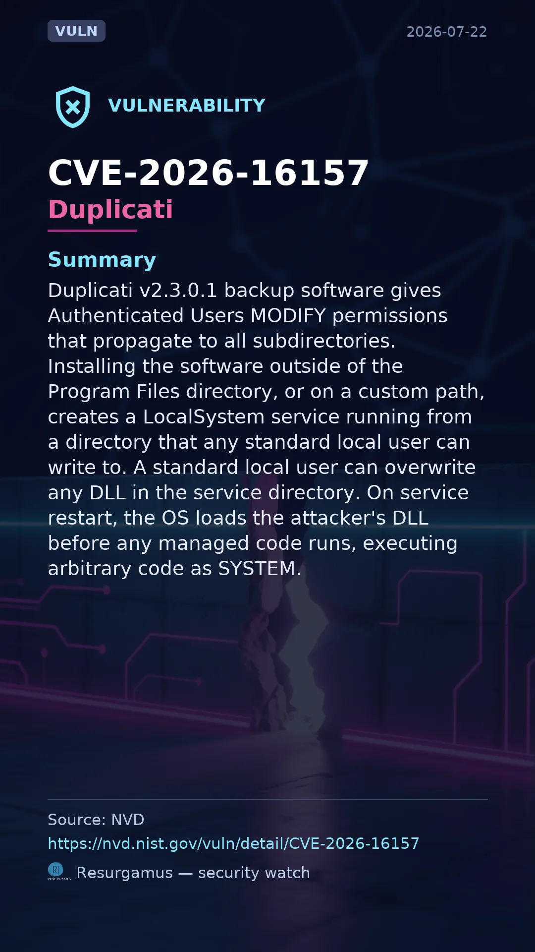 CVE-2026-16157 Duplicati Vulnerability