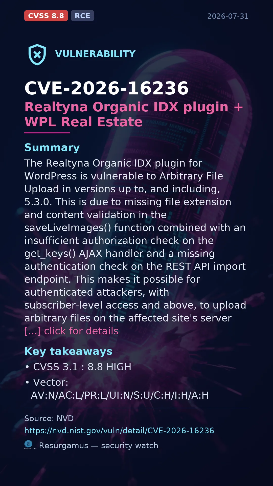 CVE-2026-16236 Realtyna Organic IDX plugin + WPL Real Estate Vulnerability
