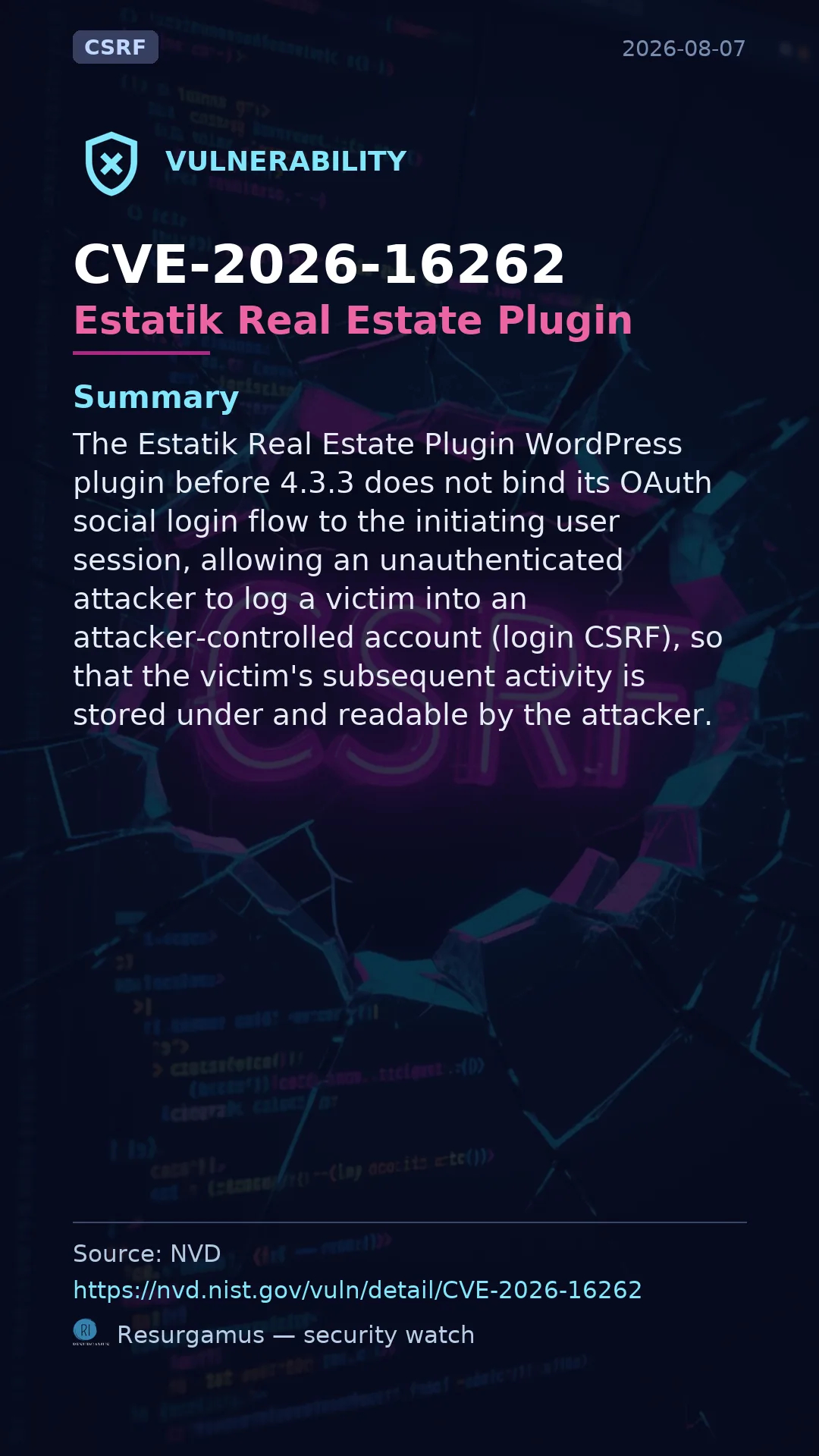 CVE-2026-16262 Estatik Real Estate Plugin Vulnerability