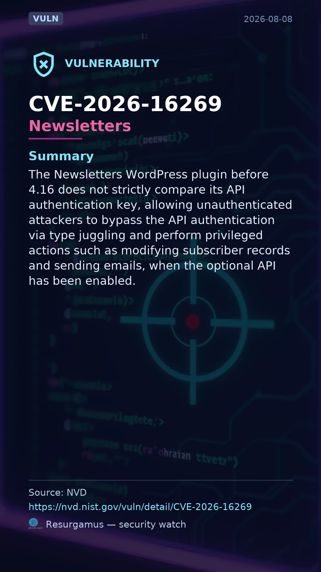 CVE-2026-16269 Newsletters Vulnerability