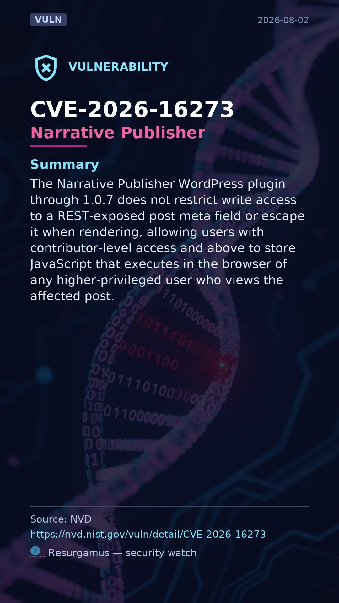 CVE-2026-16273 Narrative Publisher Vulnerability