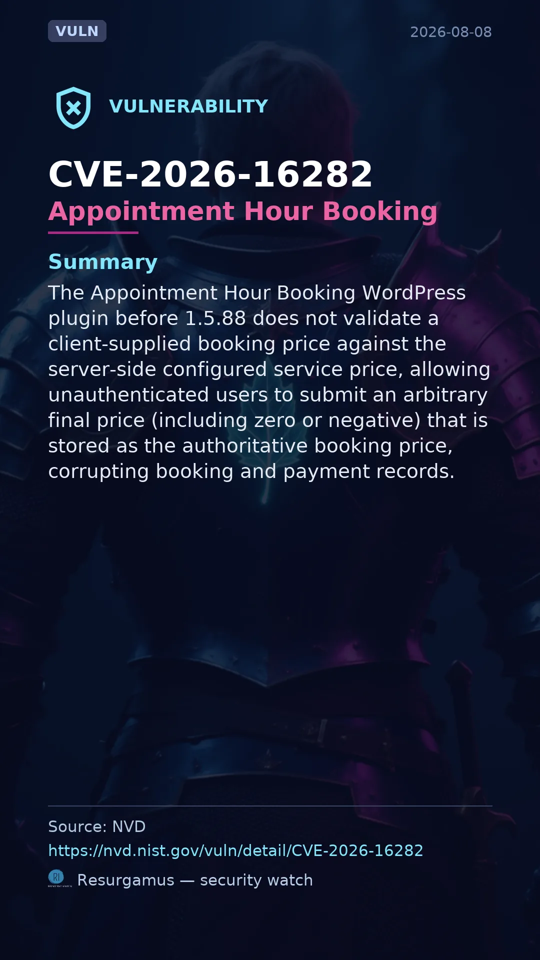 CVE-2026-16282 Appointment Hour Booking Vulnerability