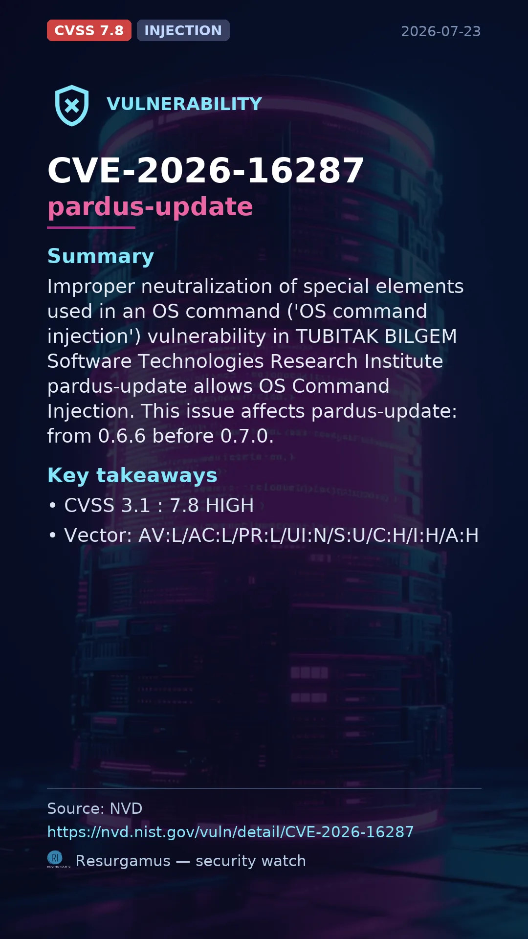 CVE-2026-16287 pardus-update Vulnerability