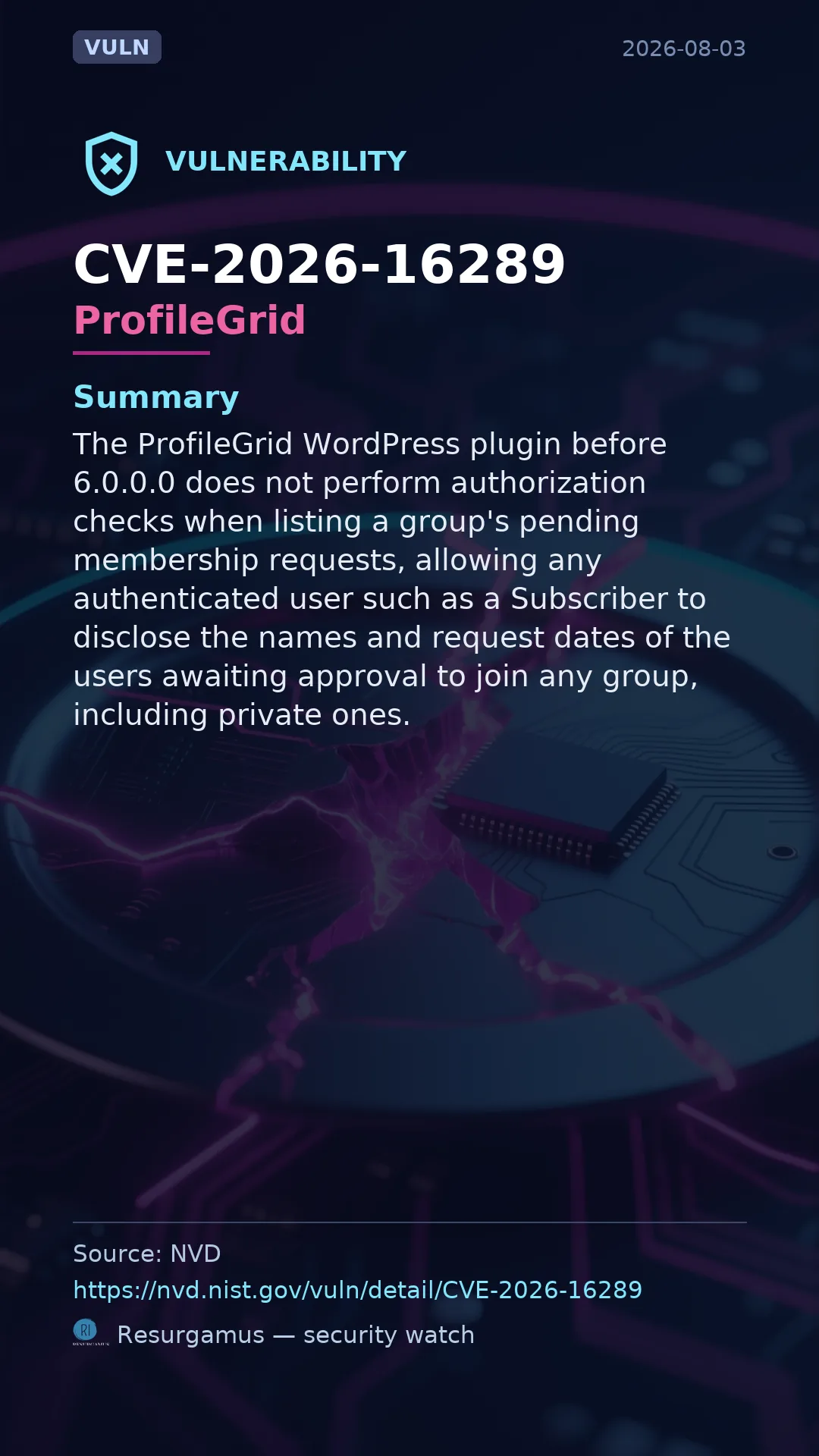 CVE-2026-16289 ProfileGrid Vulnerability