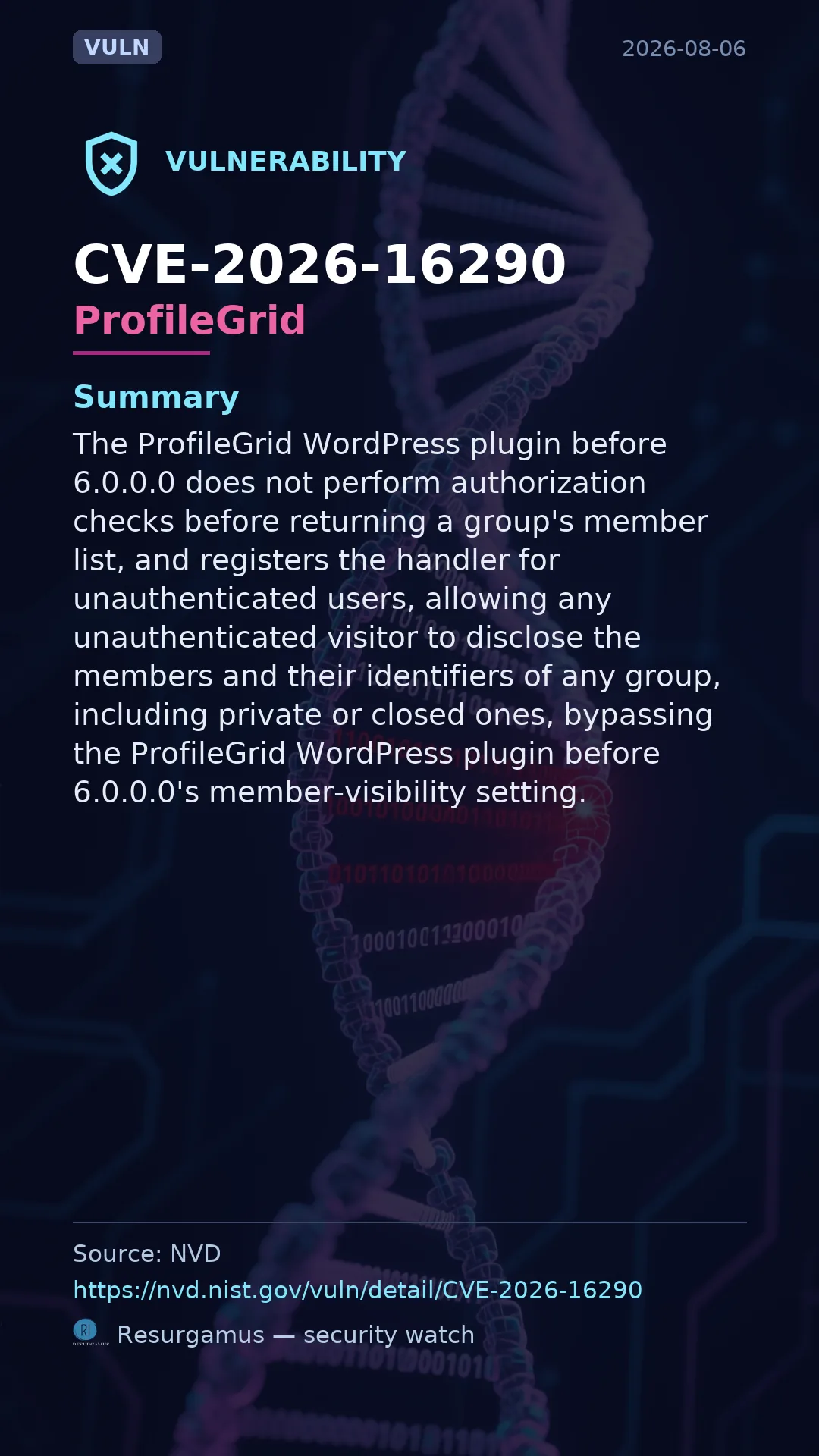 CVE-2026-16290 ProfileGrid Vulnerability