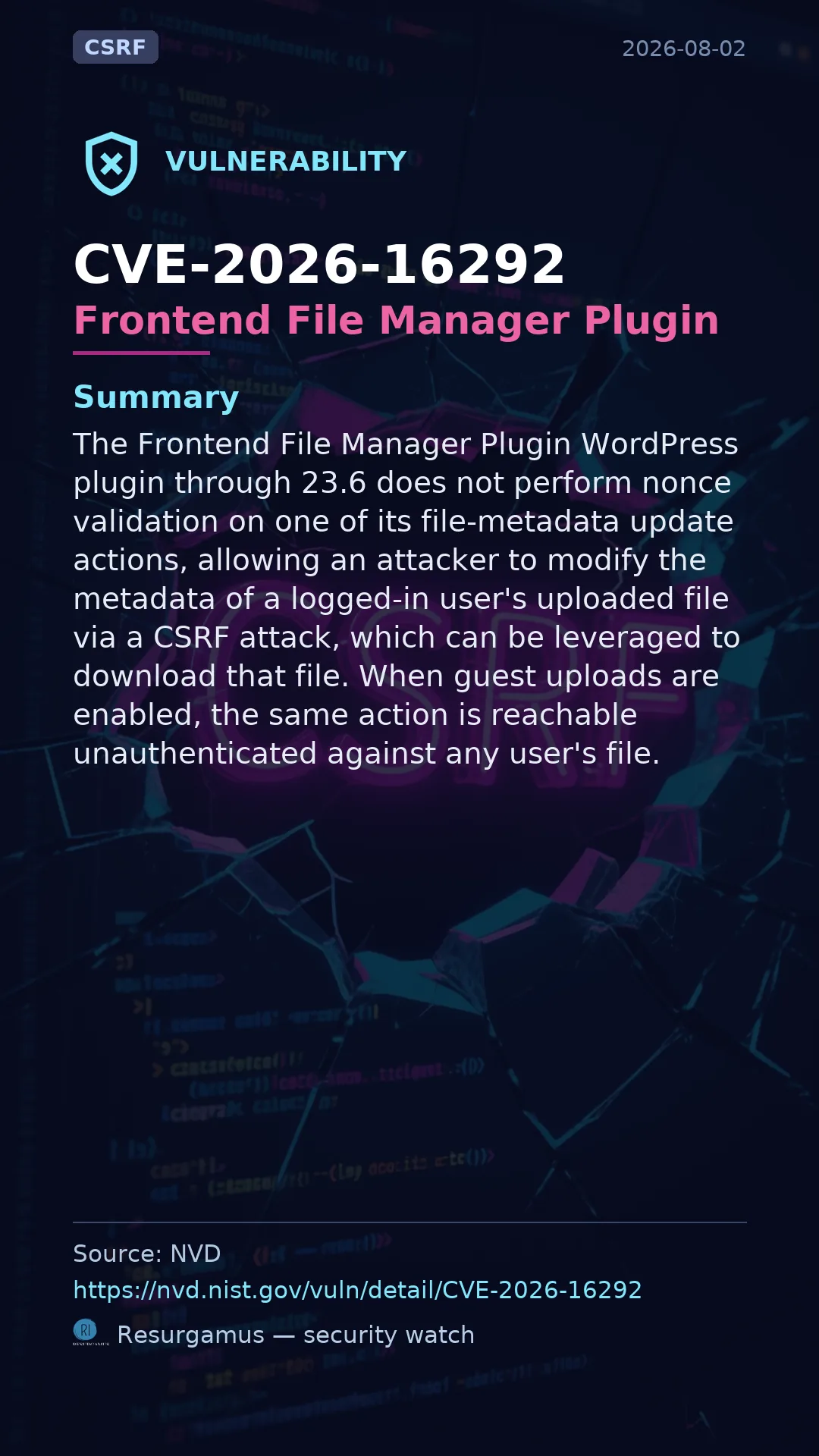 CVE-2026-16292 Frontend File Manager Plugin Vulnerability