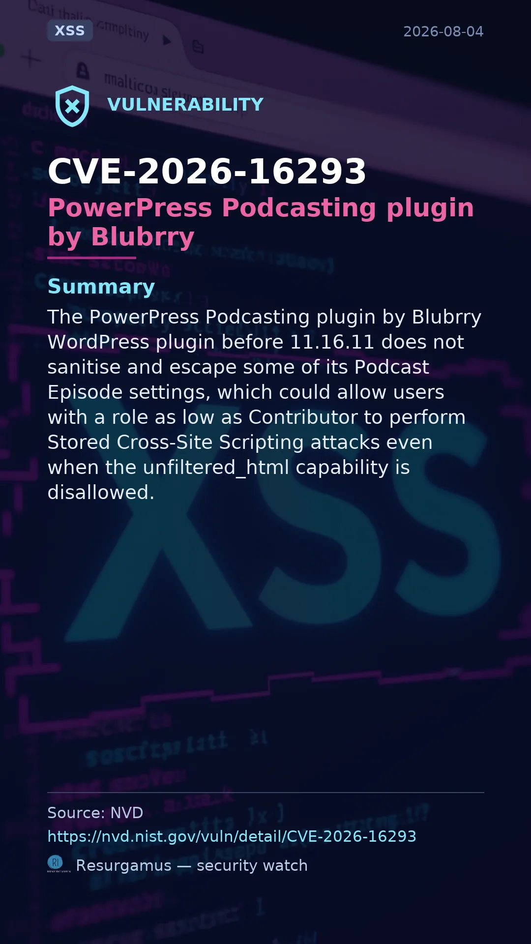CVE-2026-16293 PowerPress Podcasting plugin by Blubrry Vulnerability