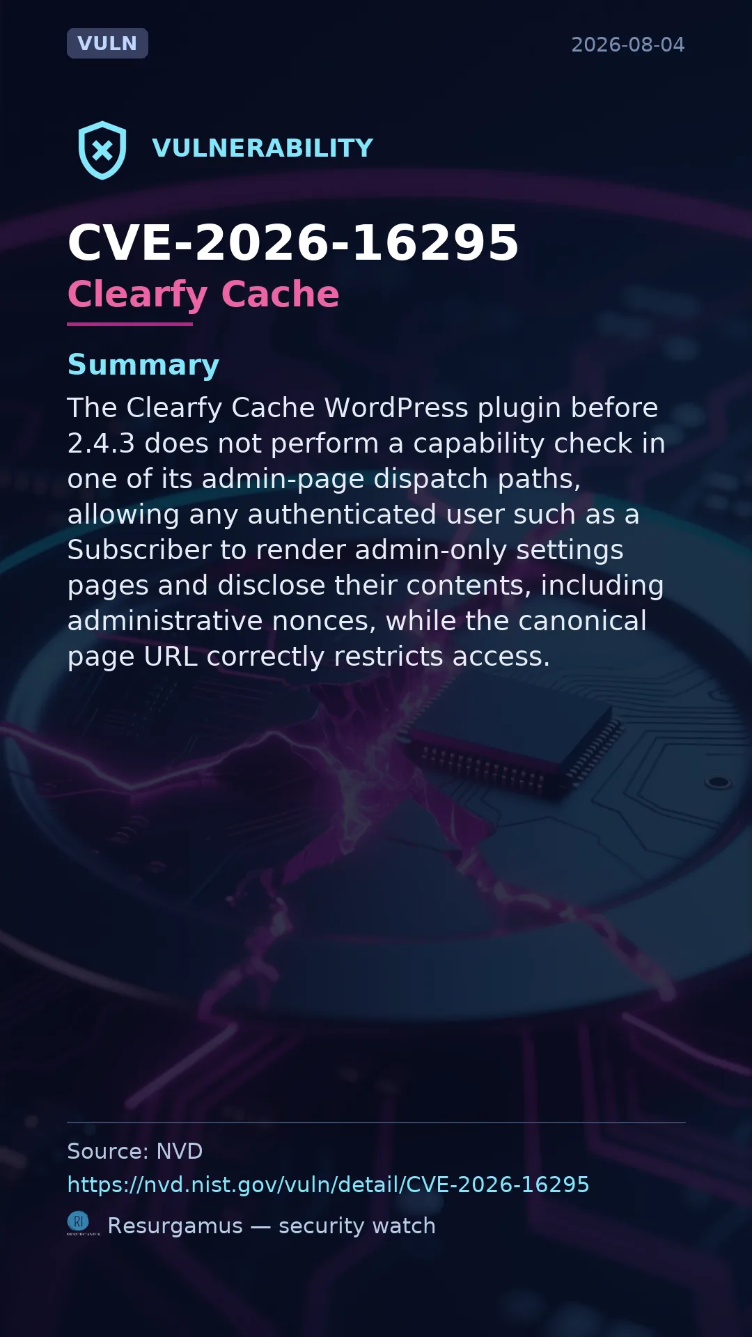 CVE-2026-16295 Clearfy Cache Vulnerability