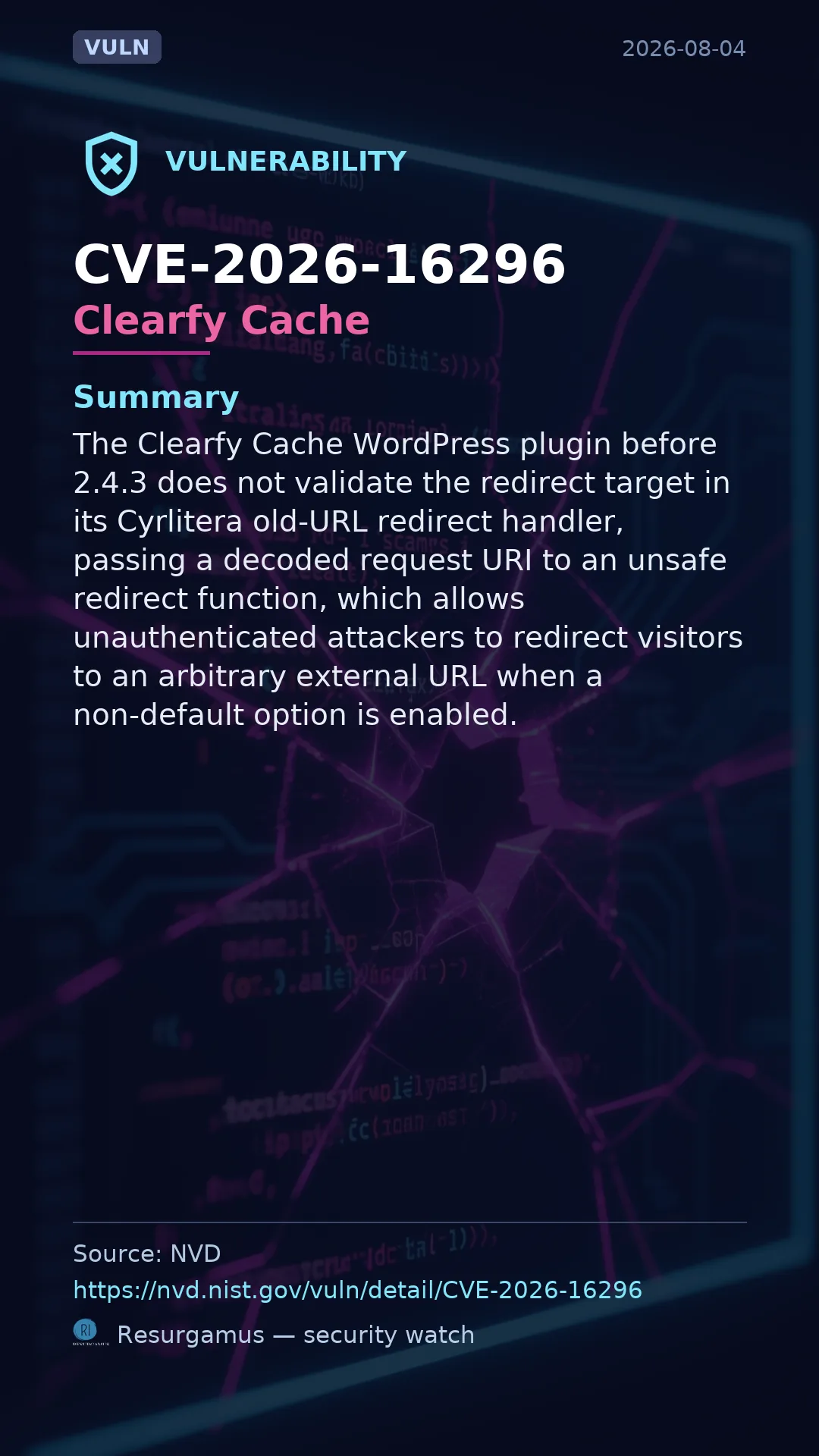 CVE-2026-16296 Clearfy Cache Vulnerability
