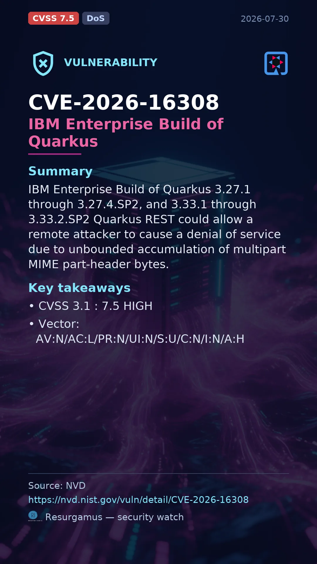 CVE-2026-16308 IBM Enterprise Build of Quarkus Vulnerability