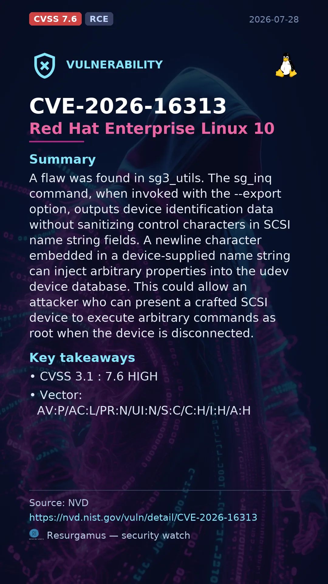 CVE-2026-16313 Red Hat Enterprise Linux 10 Vulnerability