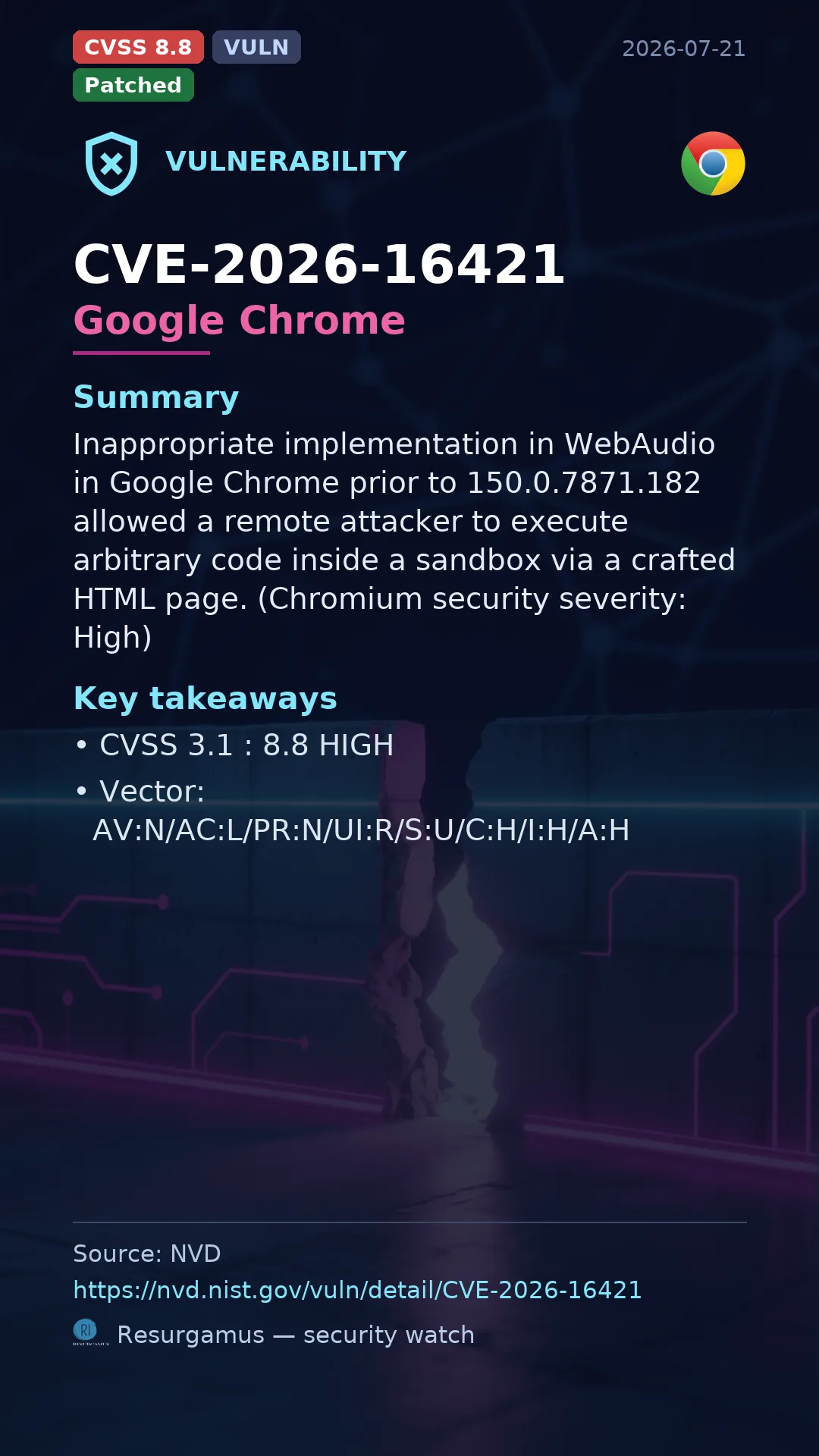 CVE-2026-16421 Google Chrome Vulnerability