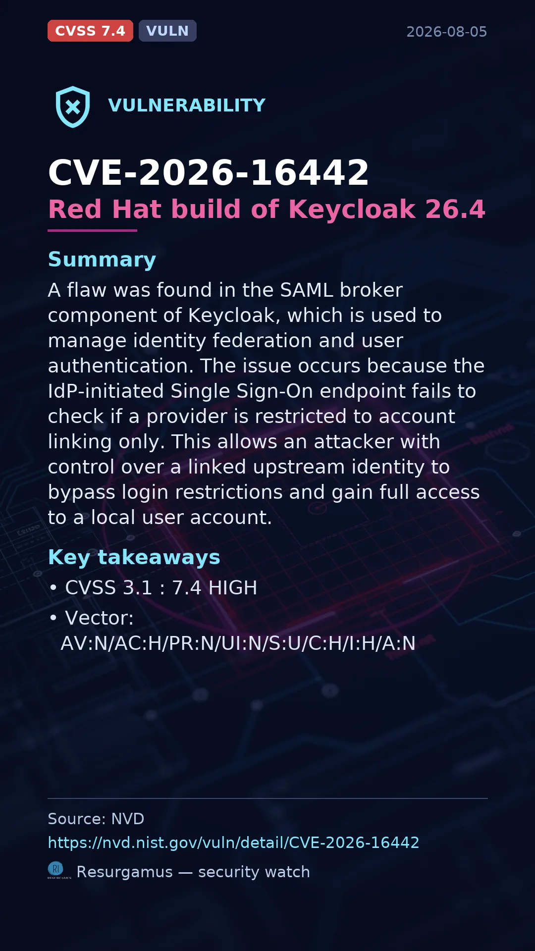 CVE-2026-16442 Red Hat build of Keycloak 26.4 Vulnerability