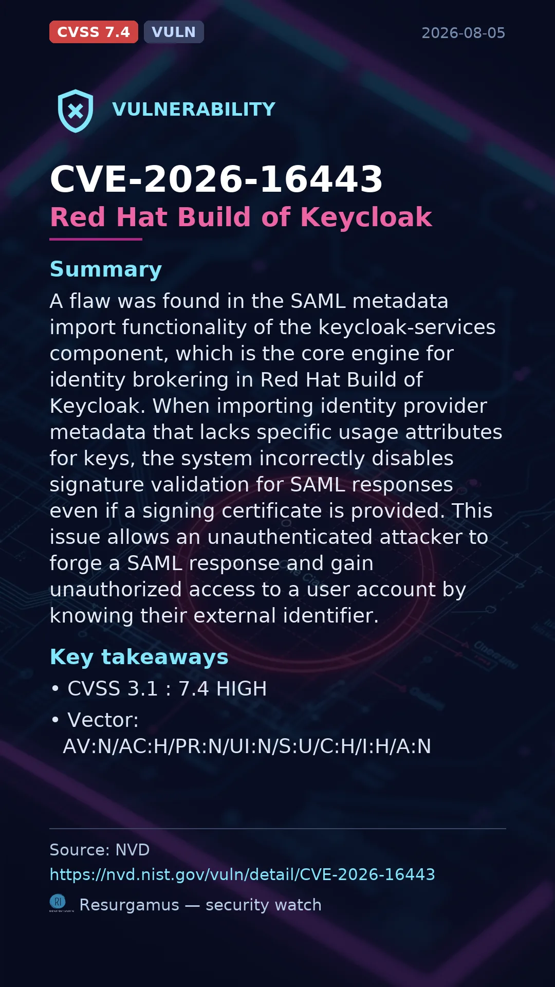 CVE-2026-16443 Red Hat Build of Keycloak Vulnerability