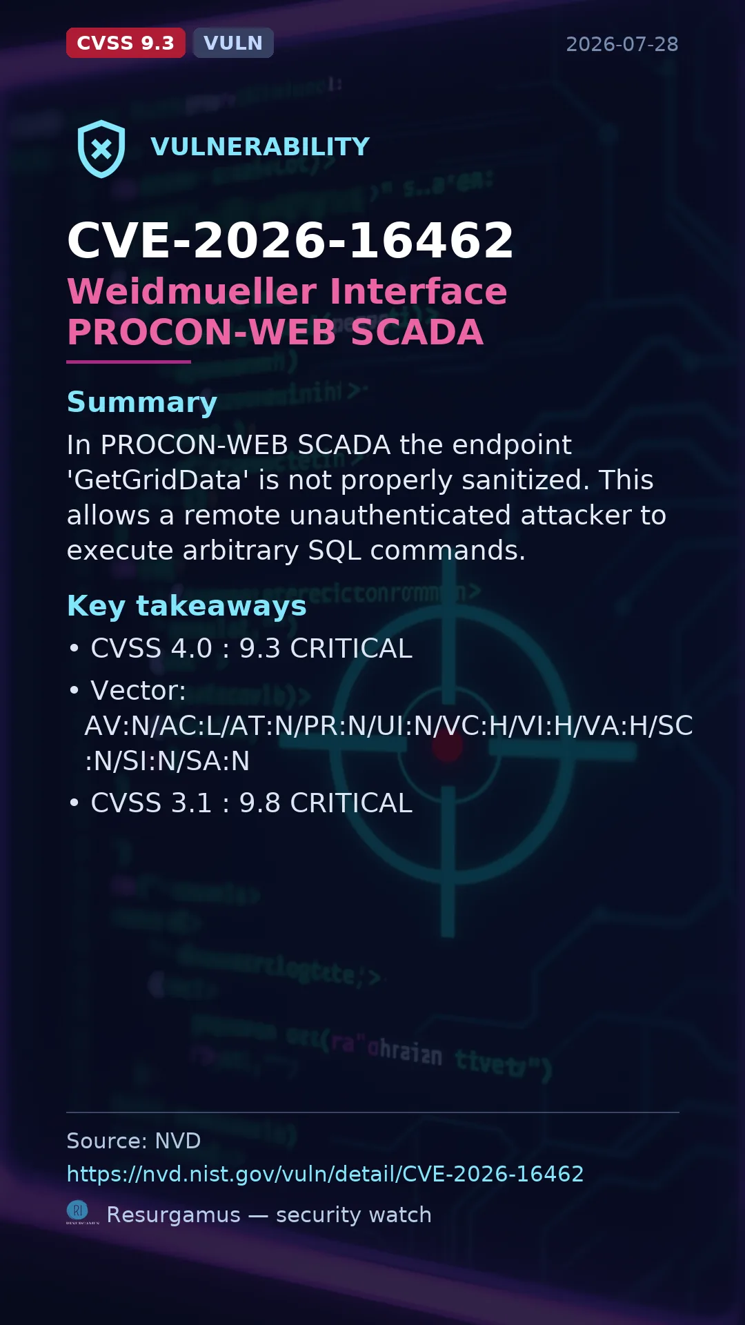 CVE-2026-16462 Weidmueller Interface PROCON-WEB SCADA Vulnerability