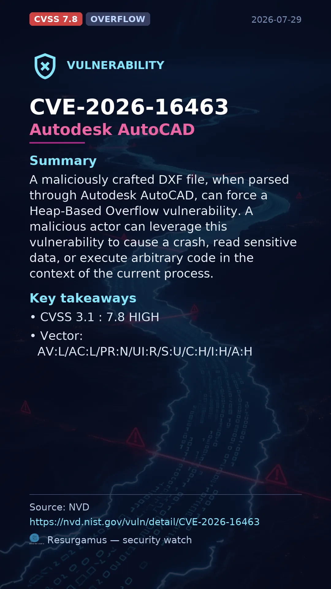 CVE-2026-16463 Autodesk AutoCAD Vulnerability