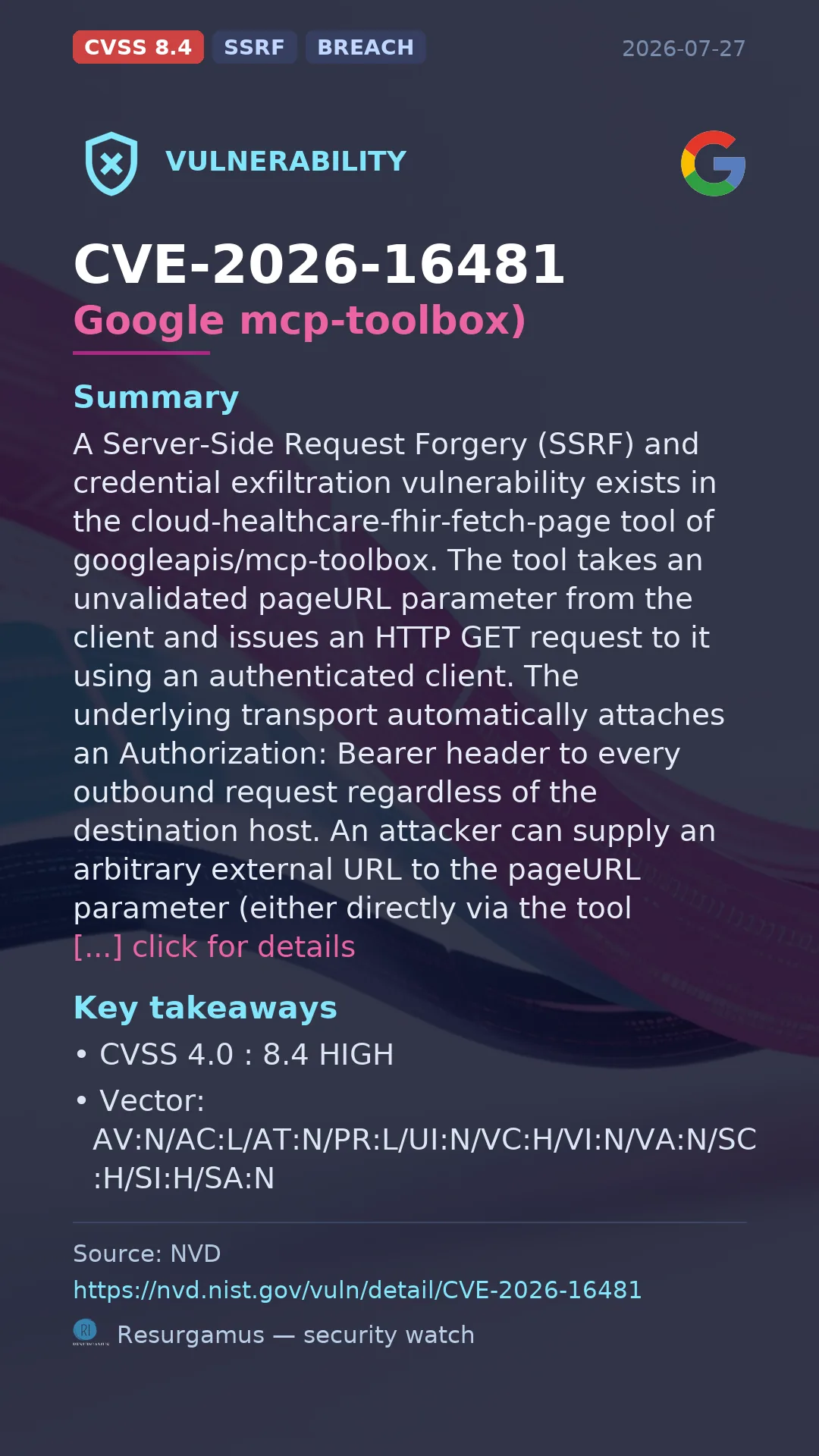 CVE-2026-16481 Google mcp-toolbox) Vulnerability