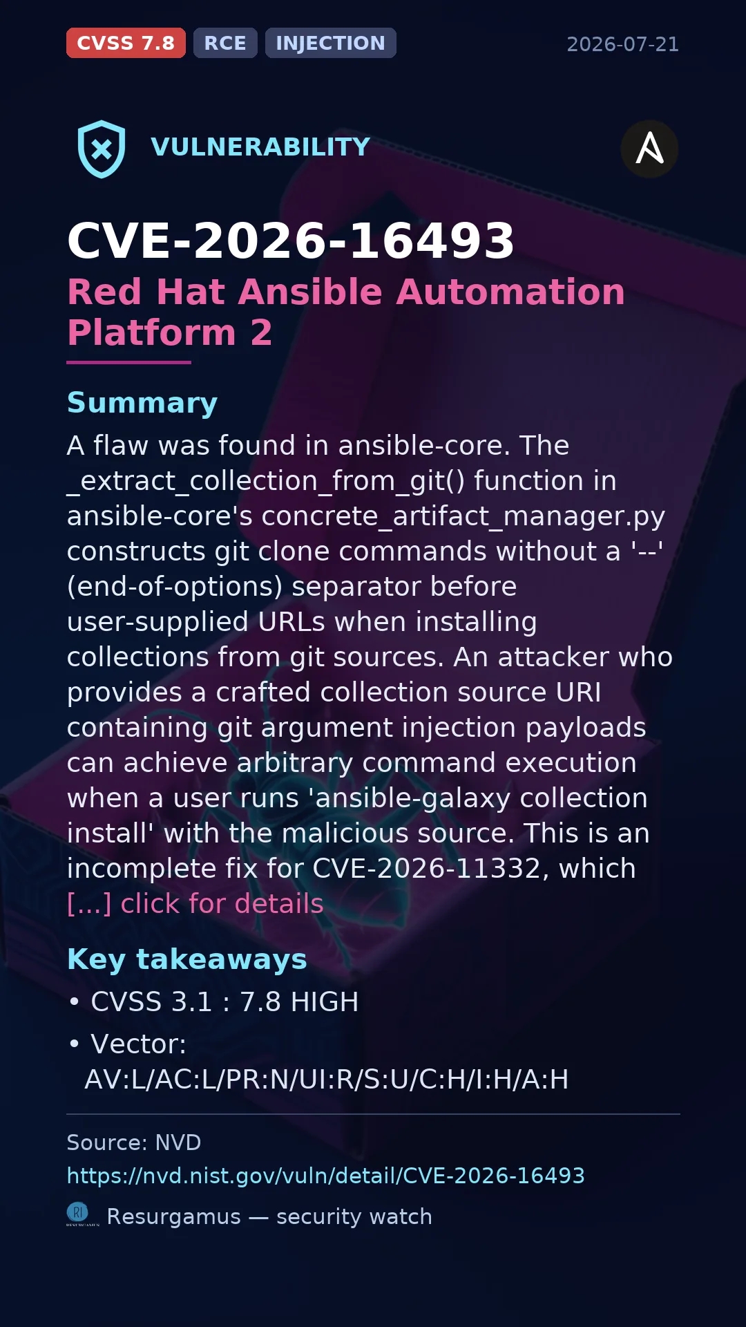 CVE-2026-16493 Red Hat Ansible Automation Platform 2 Vulnerability