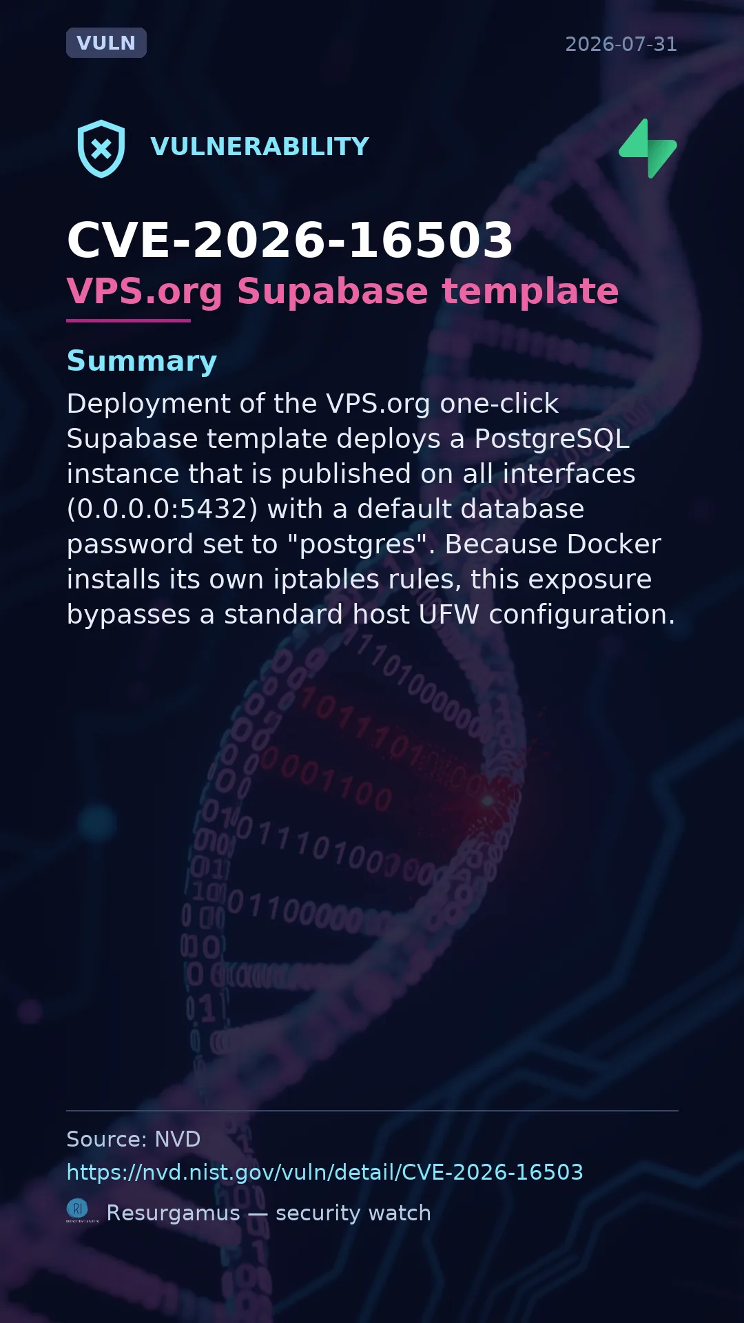 CVE-2026-16503 VPS.org Supabase template Vulnerability
