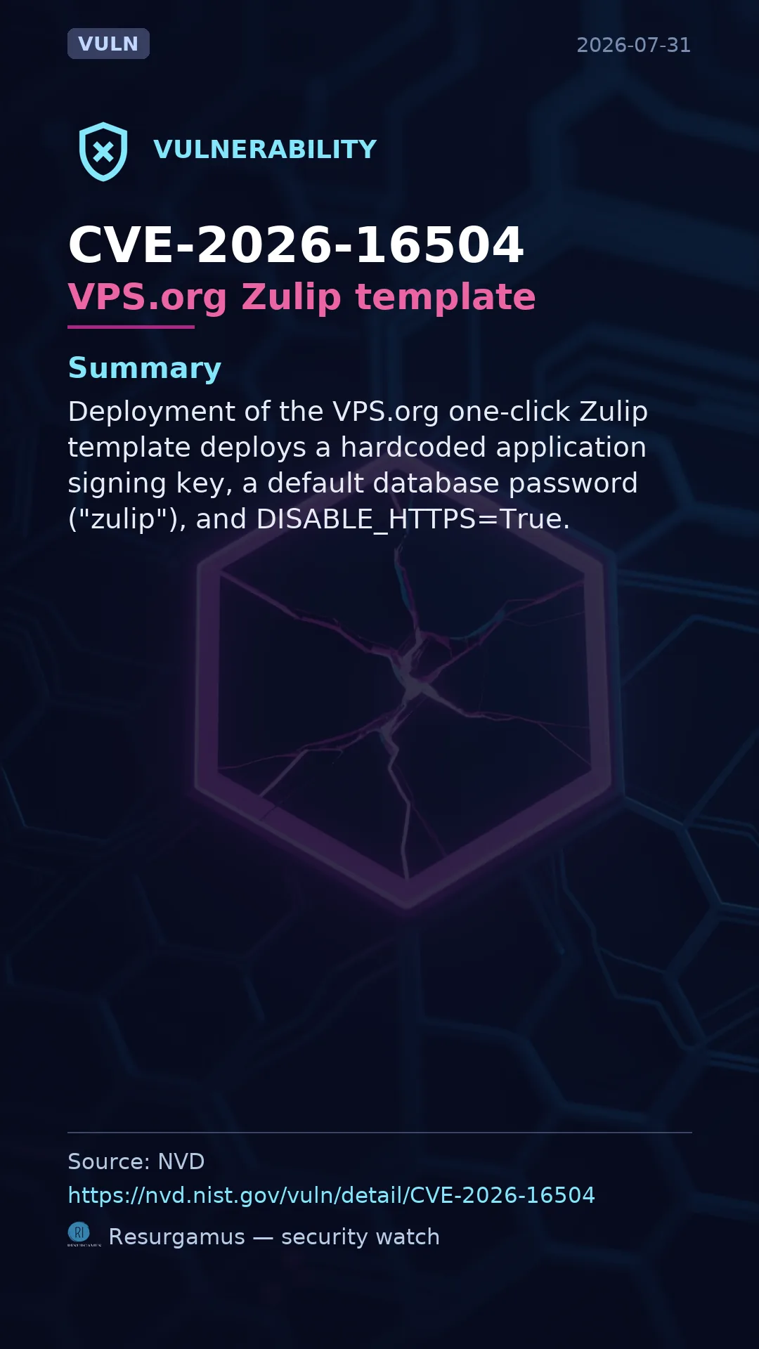 CVE-2026-16504 VPS.org Zulip template Vulnerability
