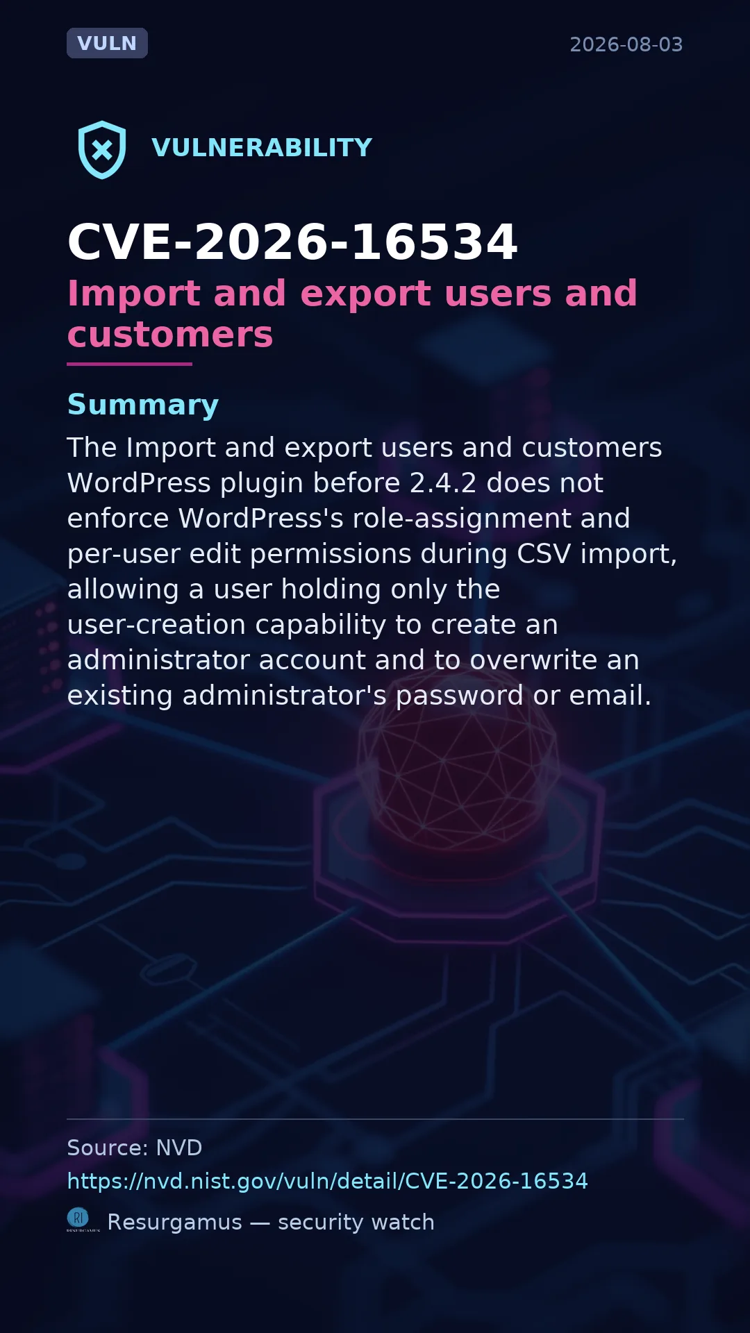 CVE-2026-16534 Import and export users and customers Vulnerability