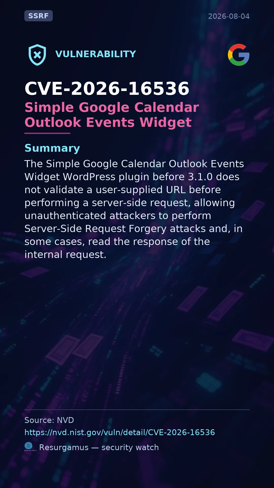 CVE-2026-16536 Simple Google Calendar Outlook Events Widget Vulnerability
