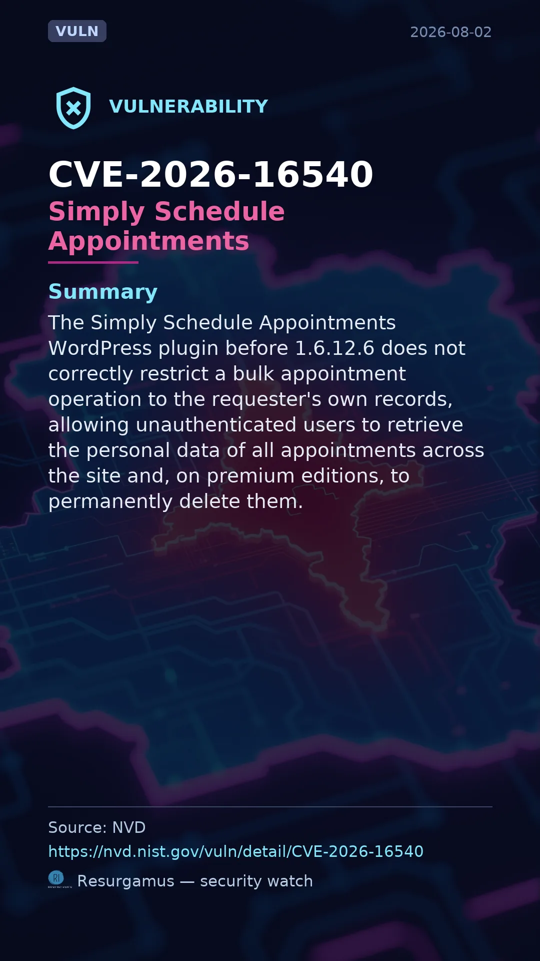 CVE-2026-16540 Simply Schedule Appointments Vulnerability