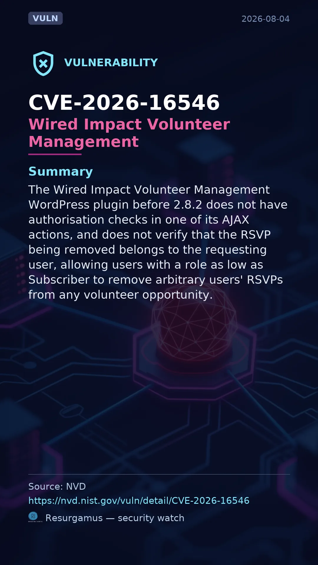 CVE-2026-16546 Wired Impact Volunteer Management Vulnerability