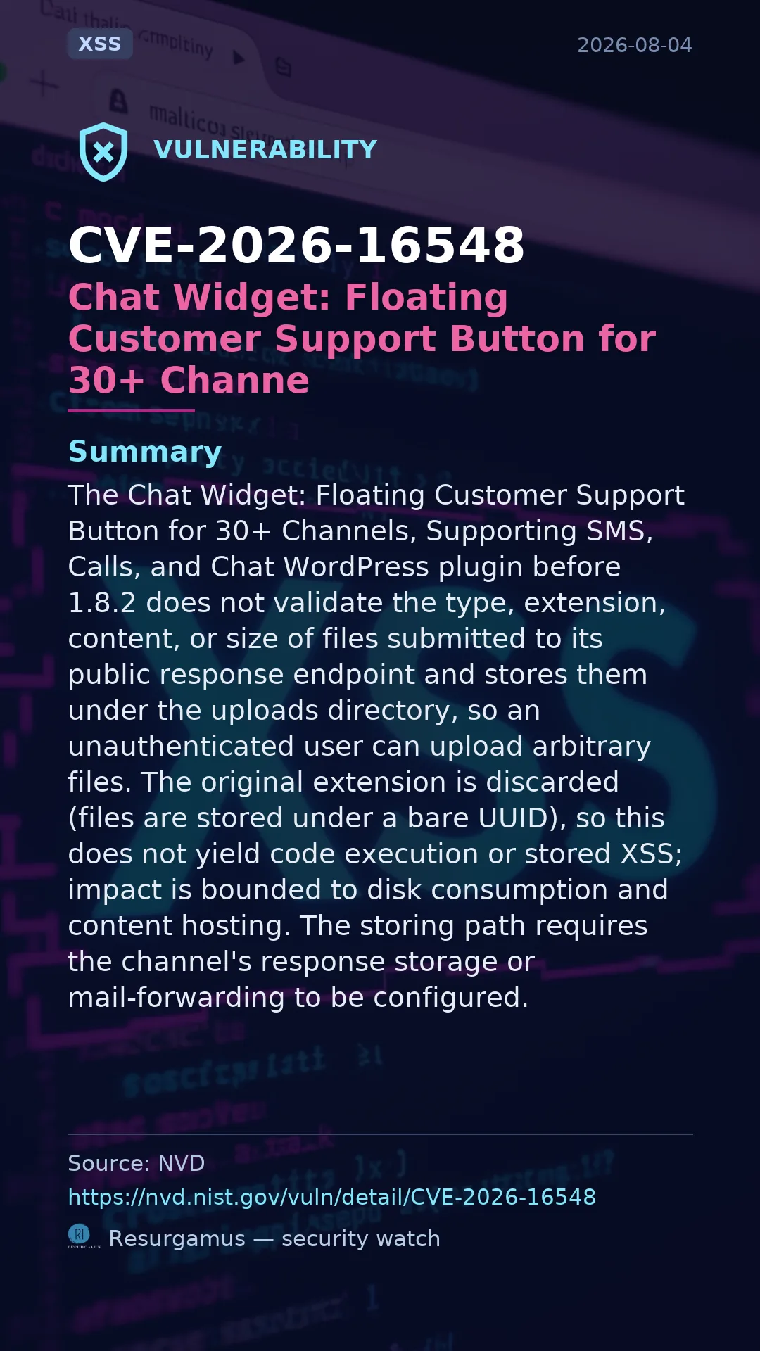 CVE-2026-16548 Chat Widget: Floating Customer Support Button for 30+ Channe Vulnerability