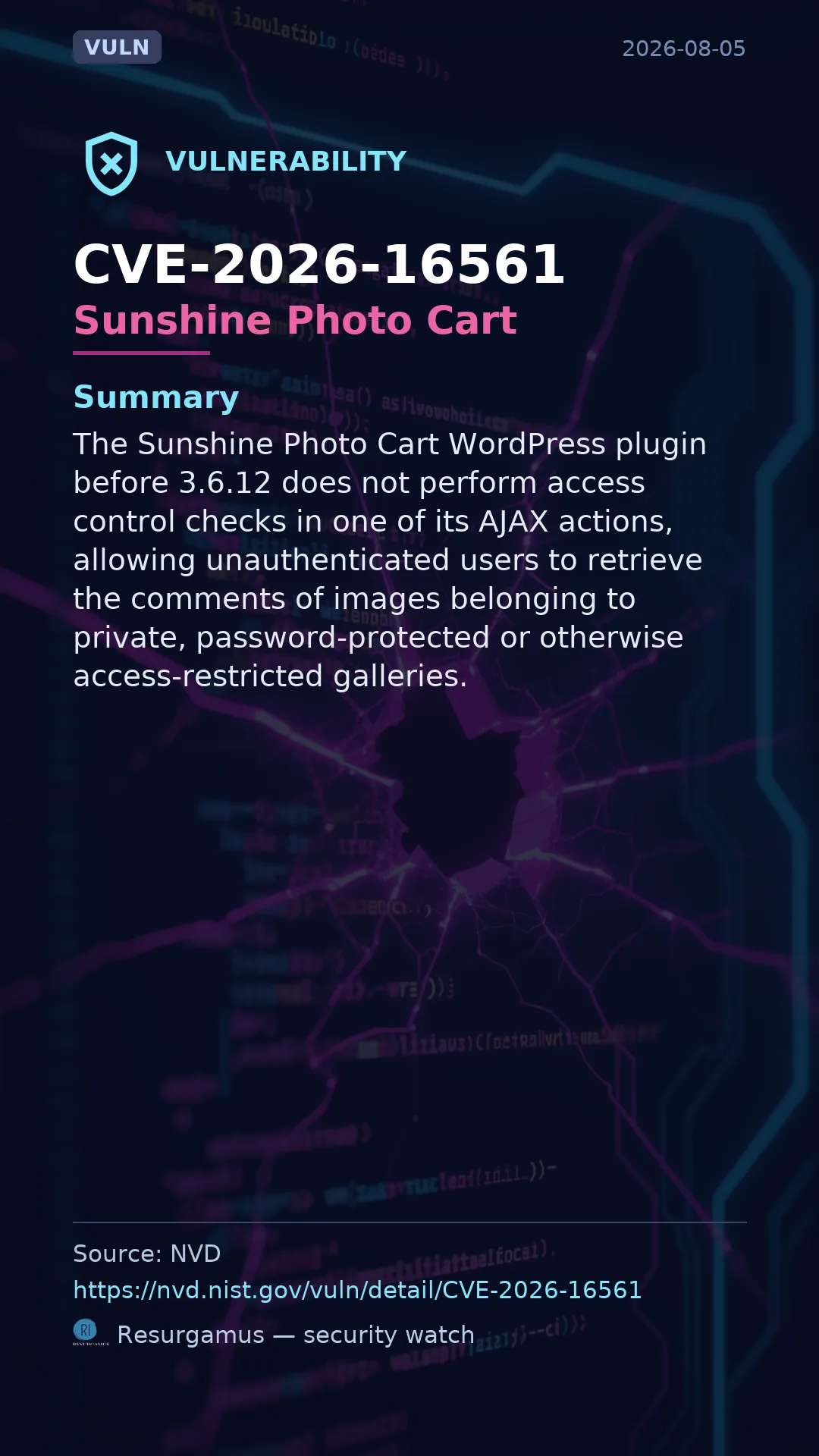 CVE-2026-16561 Sunshine Photo Cart Vulnerability
