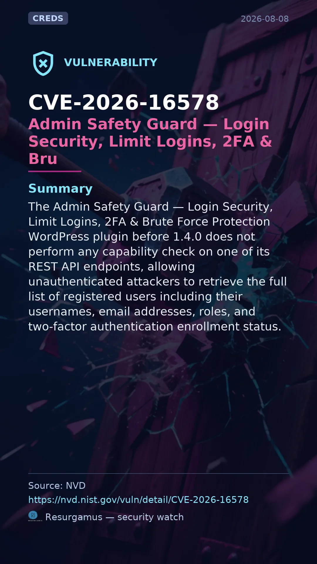 CVE-2026-16578 Admin Safety Guard — Login Security, Limit Logins, 2FA & Bru Vulnerability