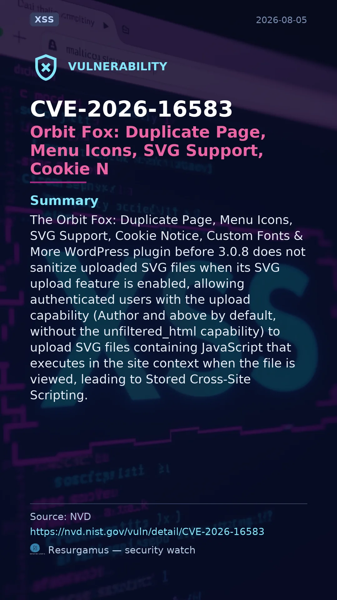 CVE-2026-16583 Orbit Fox: Duplicate Page, Menu Icons, SVG Support, Cookie N Vulnerability