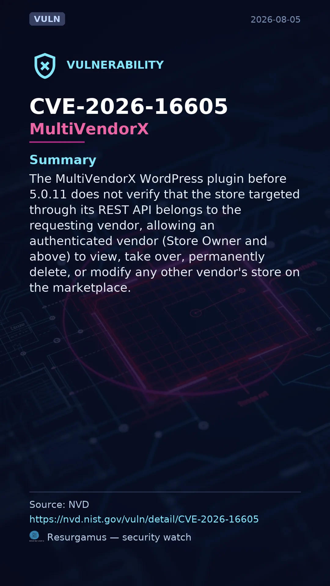 CVE-2026-16605 MultiVendorX Vulnerability