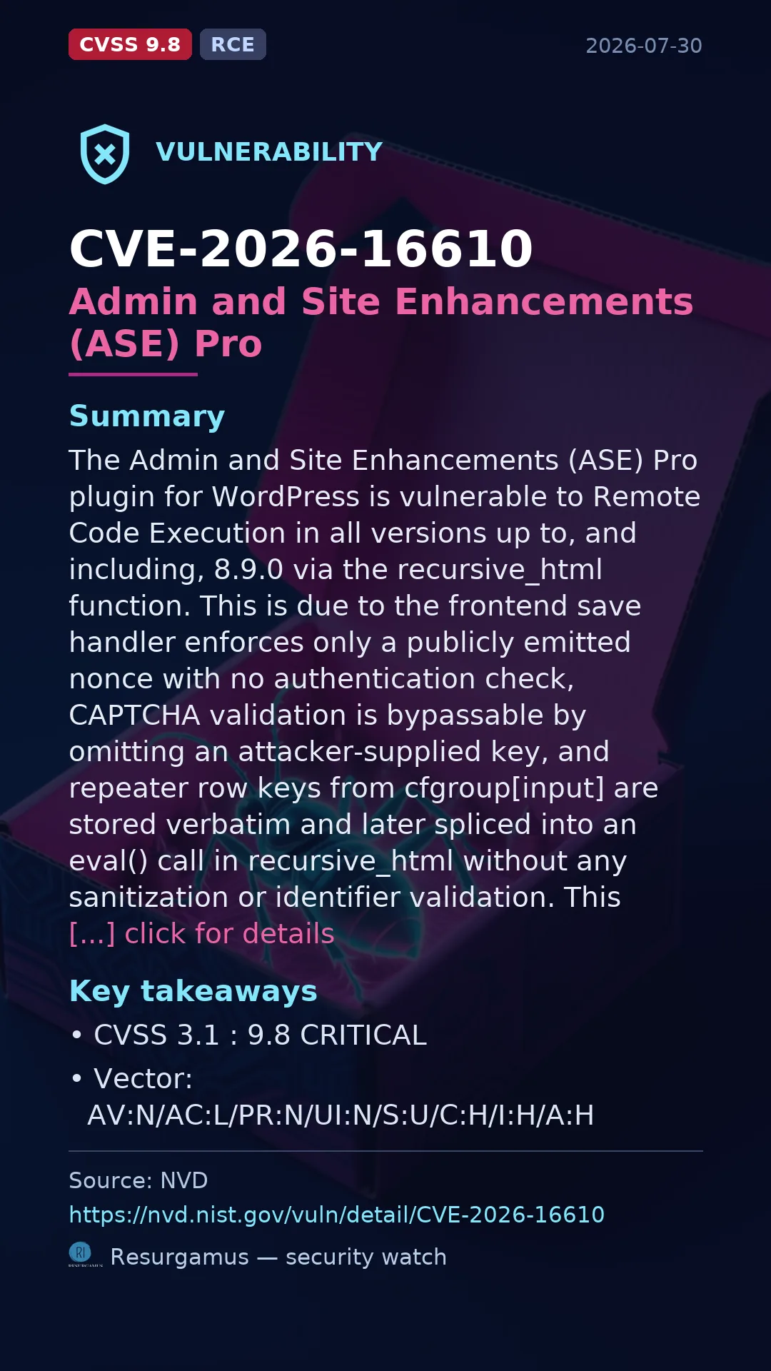 CVE-2026-16610 Admin and Site Enhancements (ASE) Pro Vulnerability