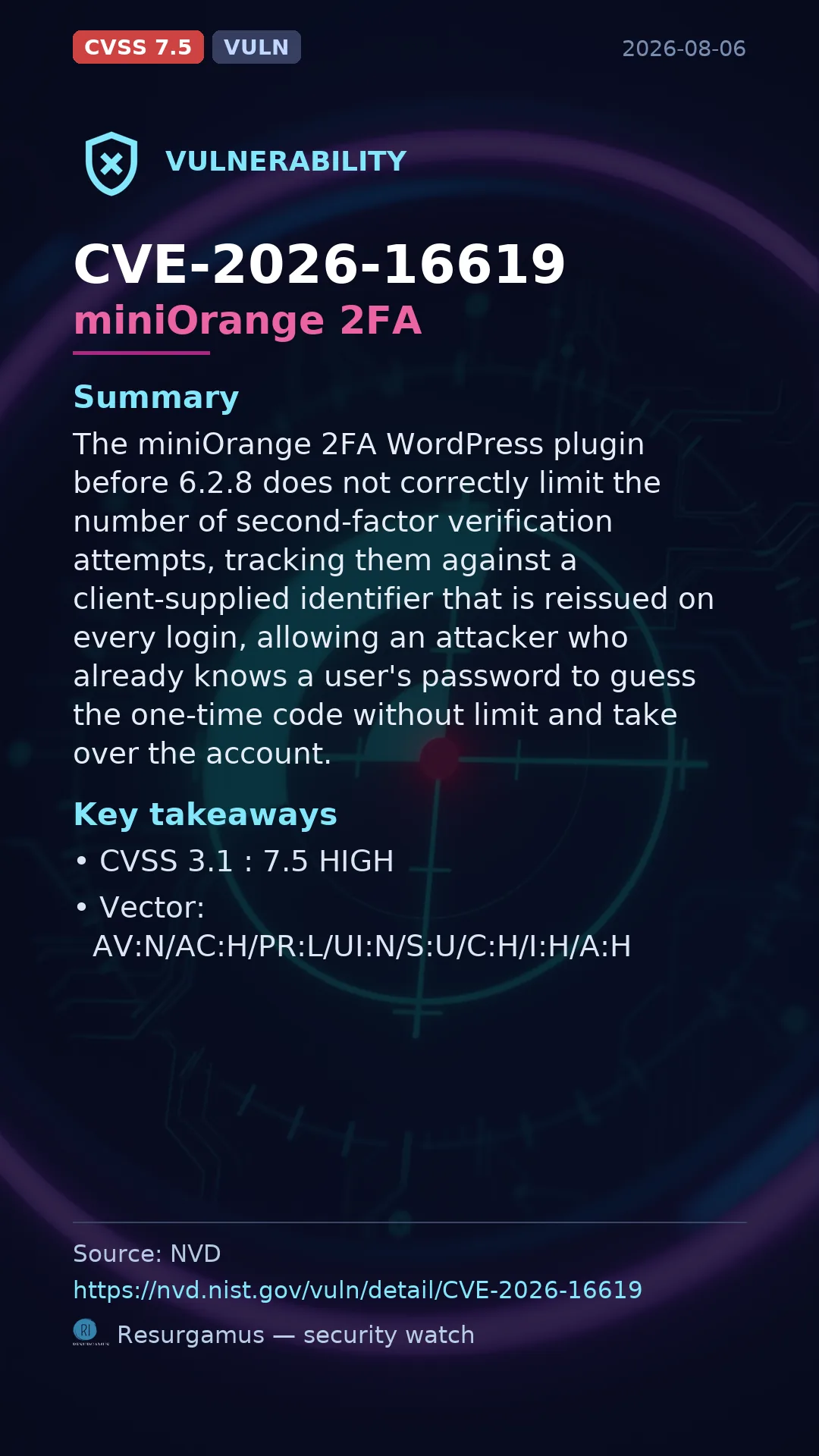 CVE-2026-16619 miniOrange 2FA Vulnerability