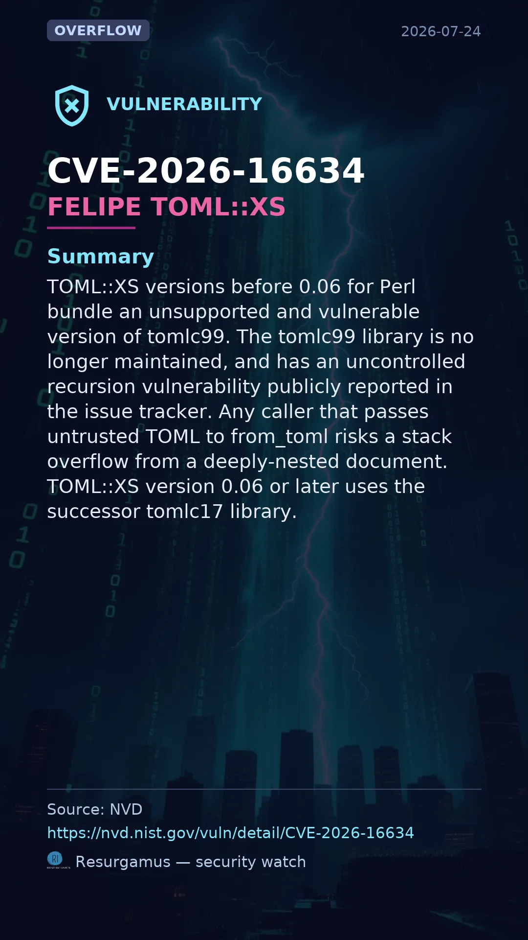 CVE-2026-16634 - FELIPE TOML::XS vulnerability