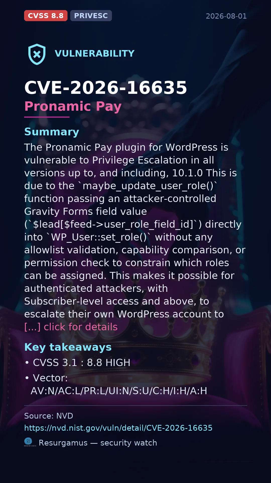 CVE-2026-16635 Pronamic Pay Vulnerability