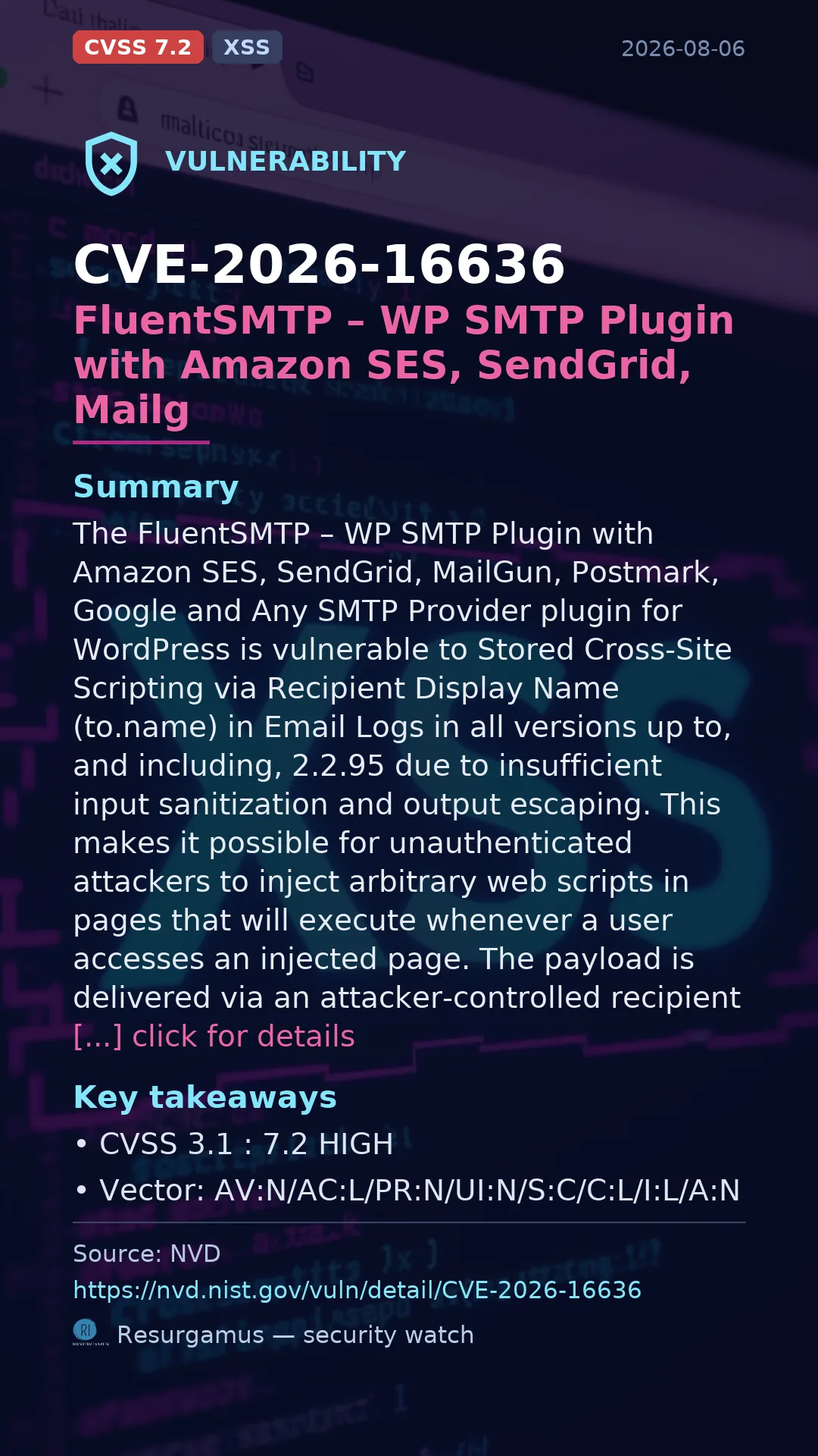 CVE-2026-16636 FluentSMTP – WP SMTP Plugin with Amazon SES, SendGrid, Mailg Vulnerability